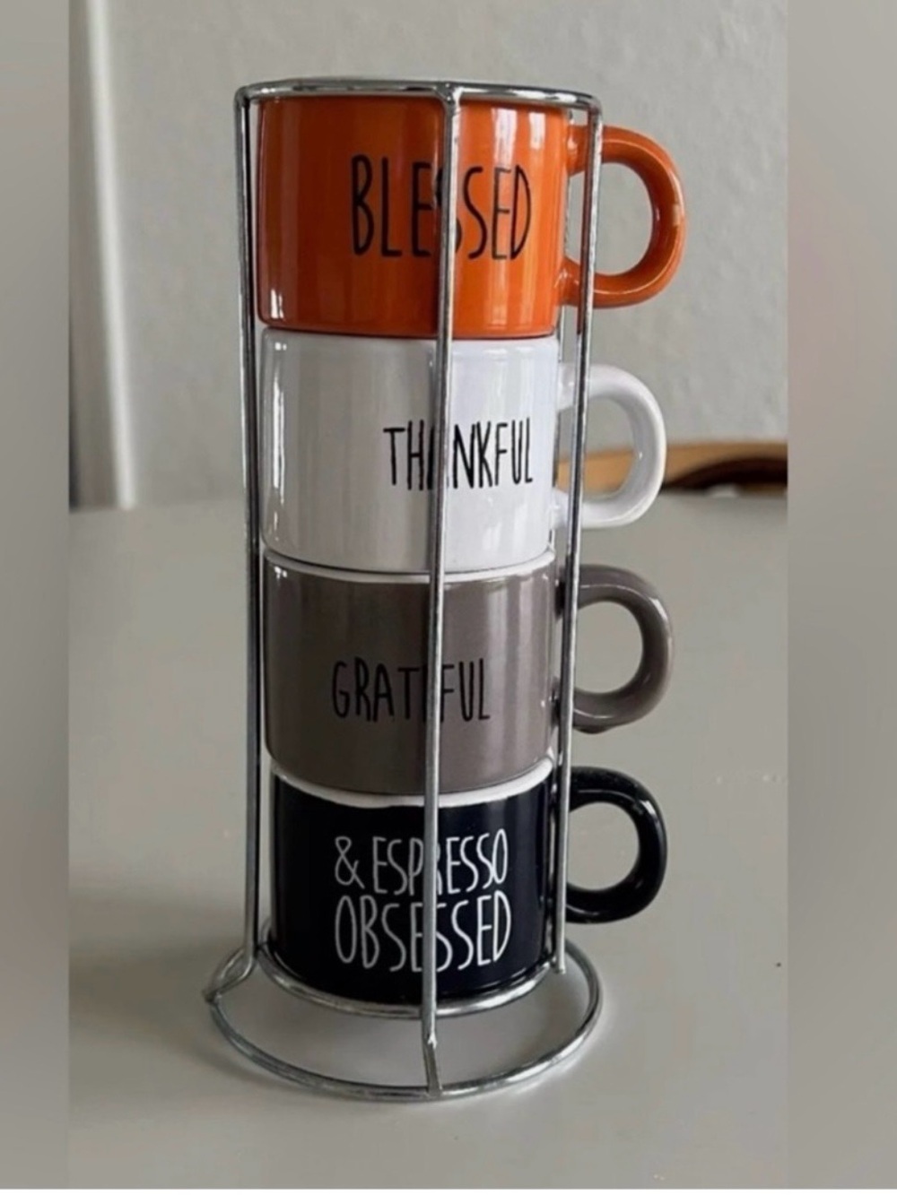 Stackable Gratitude Espresso Mugs Set - Orange, White, Gray, Black